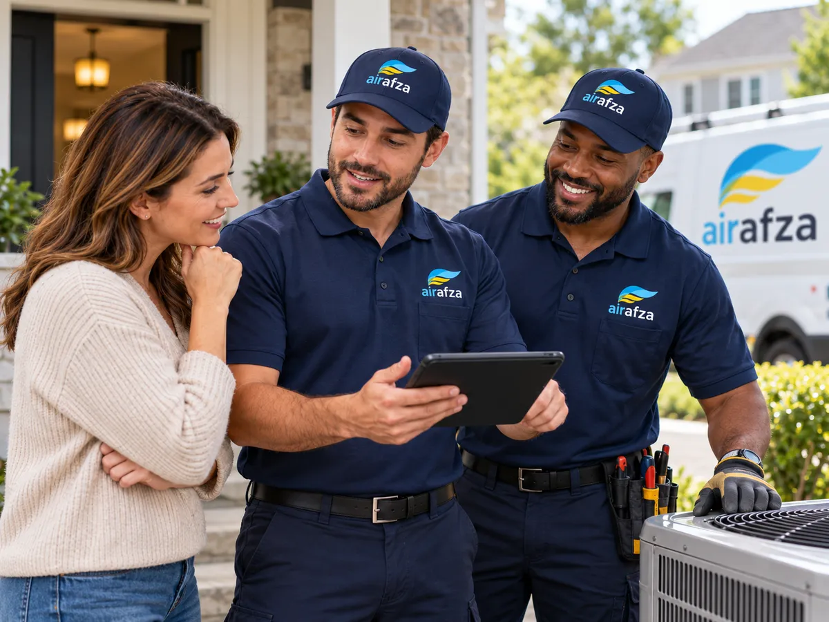 AirAfza technicians with a homeowner beside an AirAfza service van