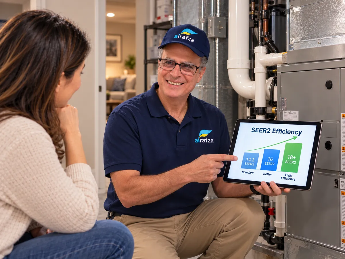 AirAfza technician showing a homeowner a SEER2 efficiency comparison