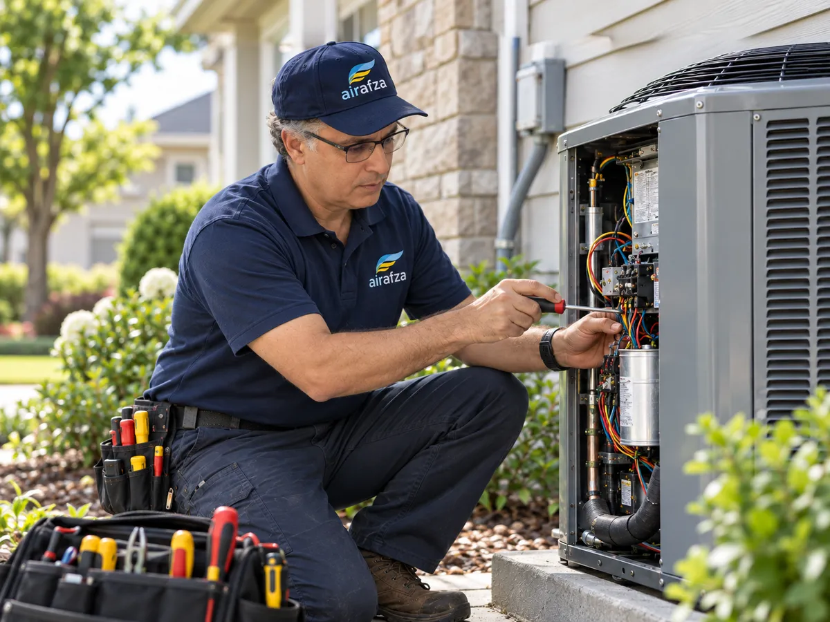 Technician repairing an outdoor heat pump