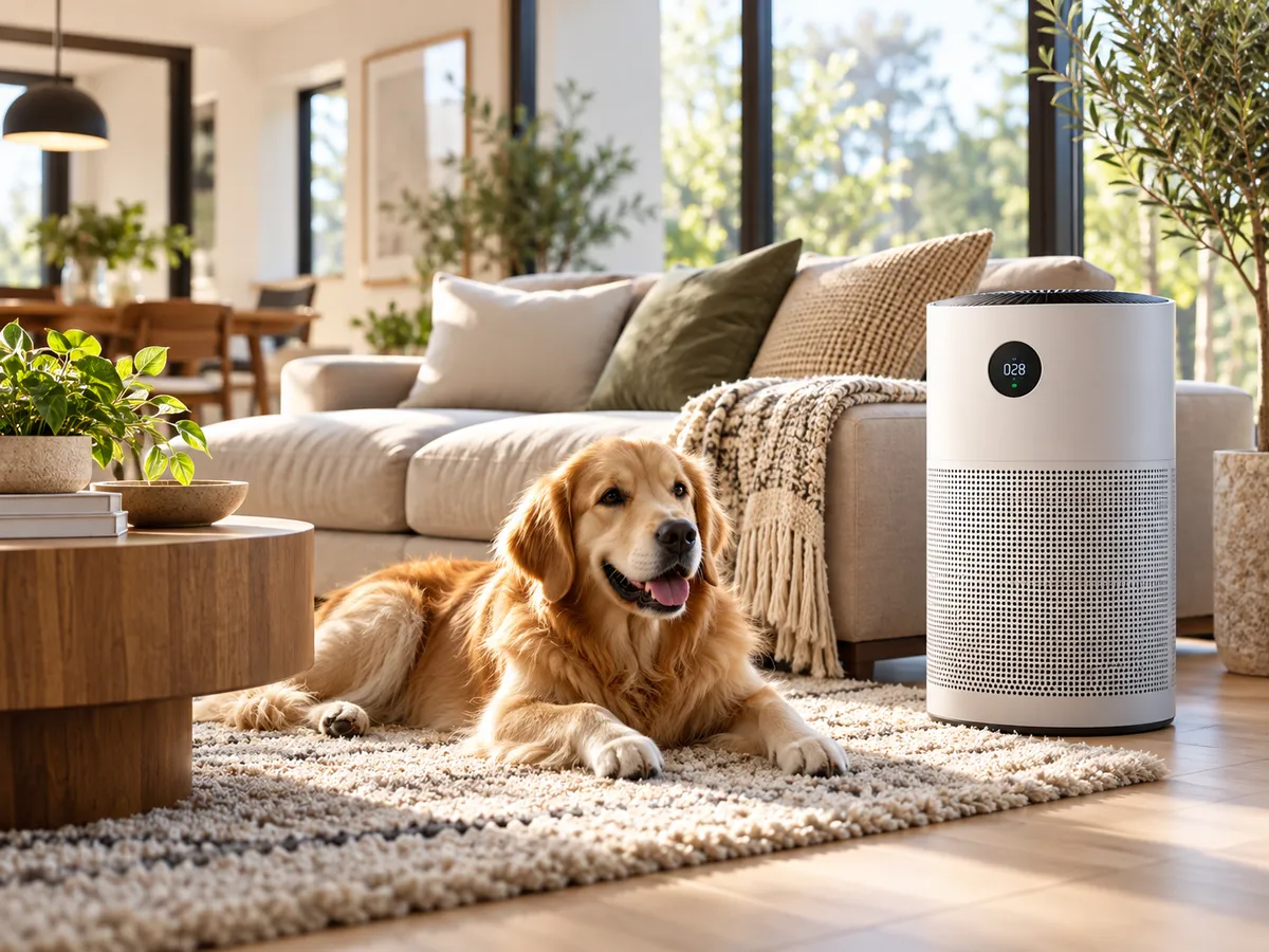 Air purifier in a bright living room