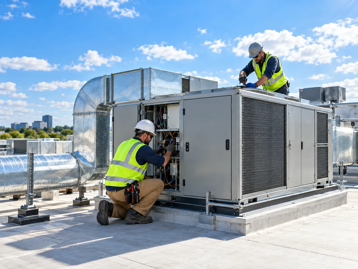 HVAC technicians installing a commercial rooftop unit