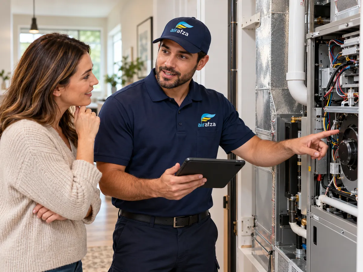 AirAfza technician explaining an indoor HVAC system to a homeowner